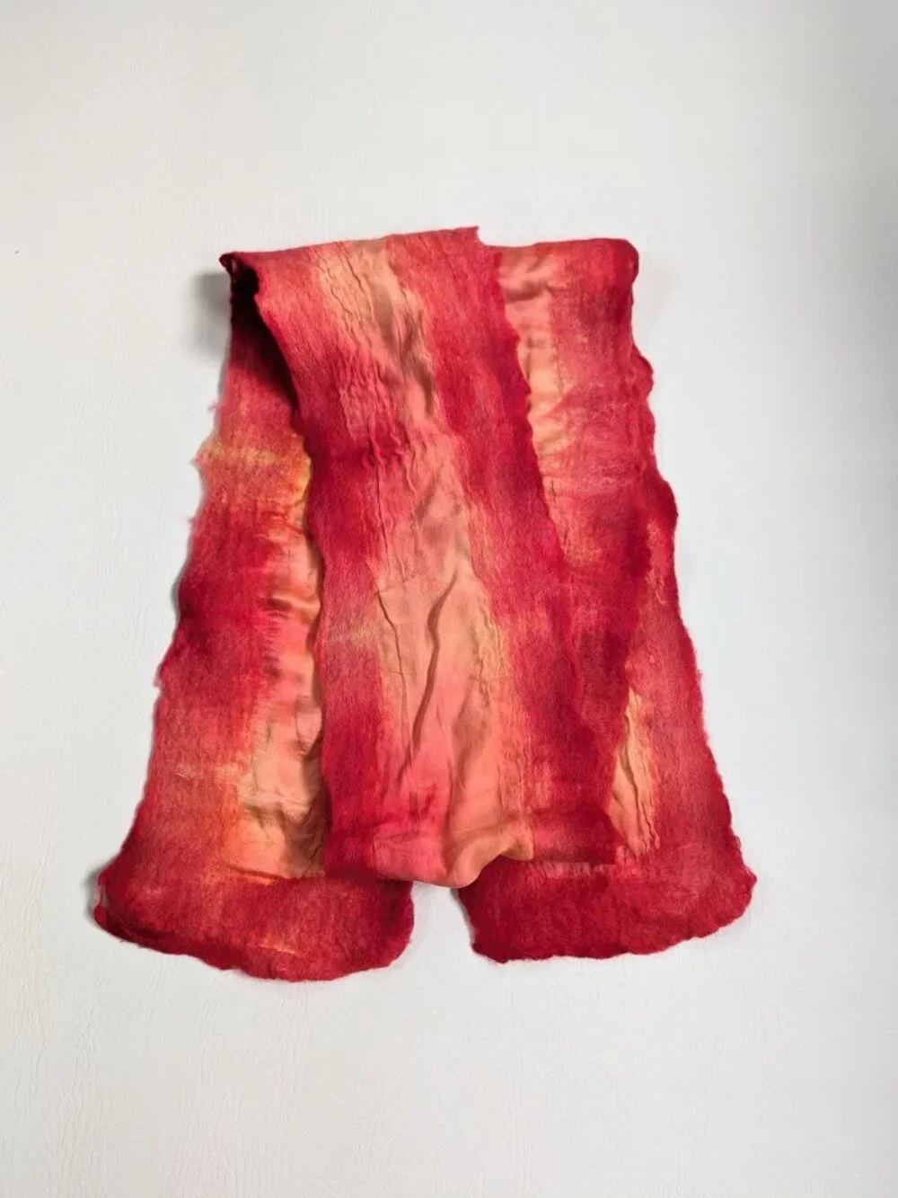 Handmade Wool Wet Felted and Silk Scarf Long OOAK Red Orange Yellow Boho